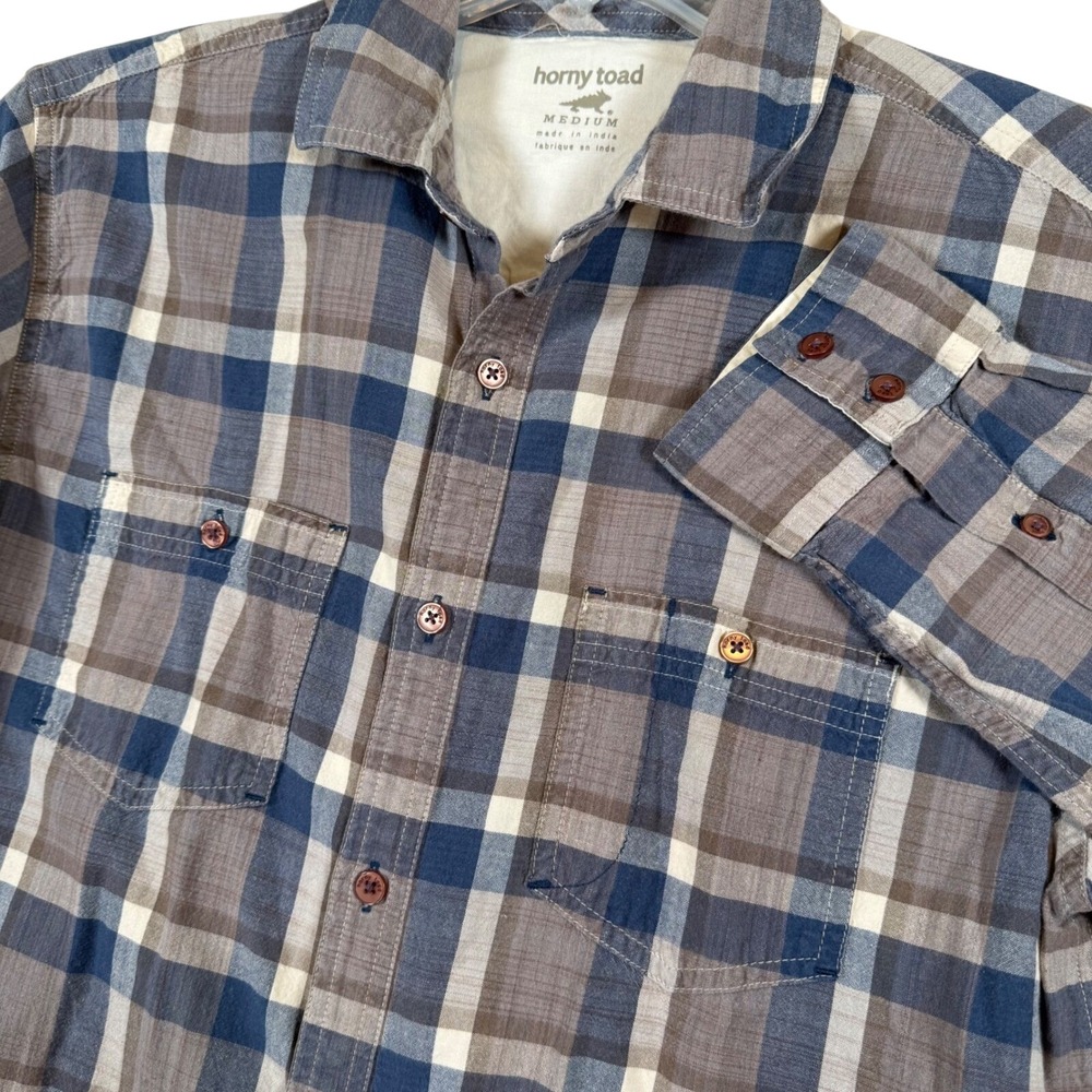 Horny Toad Mens Medium Plaid Button Up Shirt Long Sleeve Blue Brown Cotton